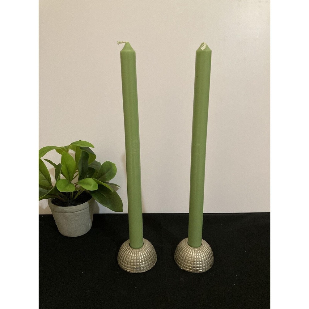 Vintage Silver Metal Textured Waffle Grid Taper Candle Holders Set of 2 Weighted